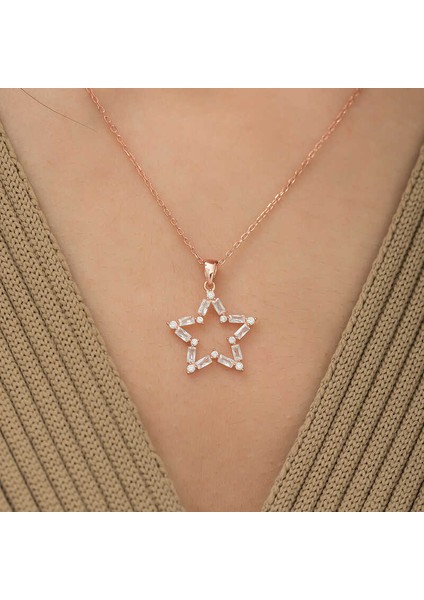 ​925 Ayar Gümüş Rose Baget Taşlı Yıldız Kolye fiyatları