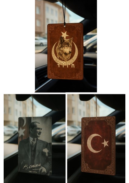 Bayrak ve Atatürk Özel 3'lü Paket Araç Kokusu - Dekoratif Otomobil Kokusu ve Oto Aksesuarı
