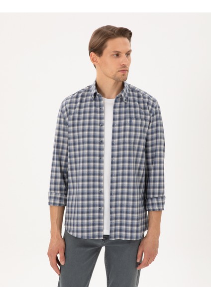 Erkek Mavi Regular Fit Kareli Uzun Kollu Gömlek 50291987-VR036