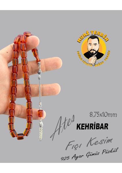 6,6 gr 925 Ayar Gümüş Püskül Ateş Kehribar Fıçı Kesim 8,75X10