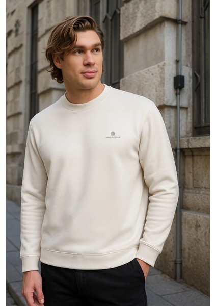 Erkek Desenli Kışlık Salaş Rahat Krem Sweatshirt