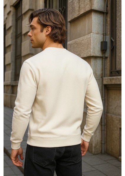 Erkek Desenli Kışlık Salaş Rahat Krem Sweatshirt fiyatları