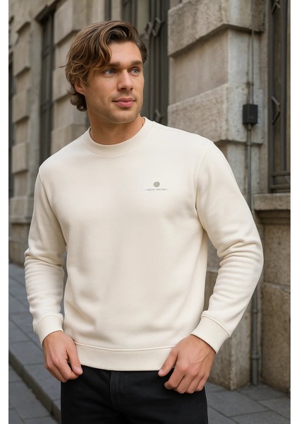 Erkek Desenli Kışlık Salaş Rahat Krem Sweatshirt fırsatları