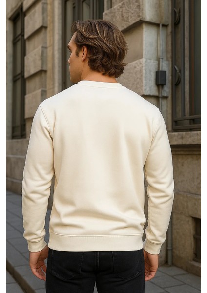Erkek Desenli Kışlık Salaş Rahat Krem Sweatshirt indirimleri