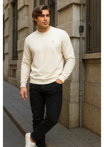 Erkek Desenli Kışlık Salaş Rahat Krem Sweatshirt
