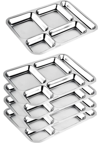 10 Adet Eniyi Kalite Paslanmaz Çelik 5 Bölme Metal Tabldot Tepsisi 28X40CM Çizilmeye Dirençli Kromaj