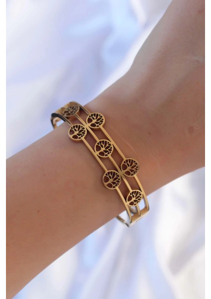 316L Çelik Altın Renk Minimal Yaşam Ağacı Tasarımlı Kelepçe fiyatları