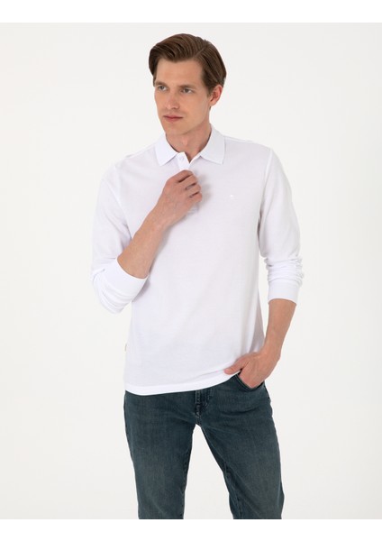 Erkek Beyaz Slim Fit Kıvrılmaz Polo Yaka Basic Pike Sweatshirt 50314048-VR013