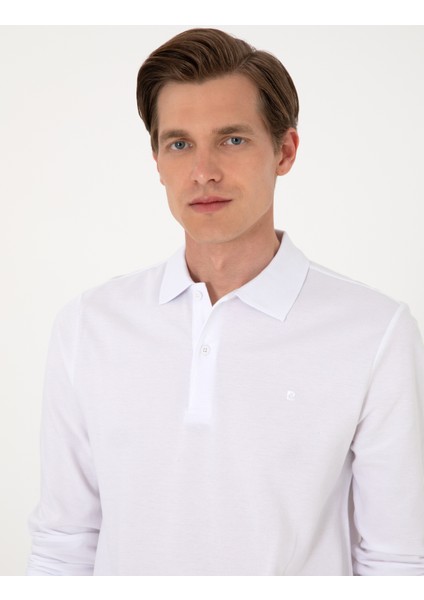 Erkek Beyaz Slim Fit Kıvrılmaz Polo Yaka Basic Pike Sweatshirt 50314048-VR013 fiyatları
