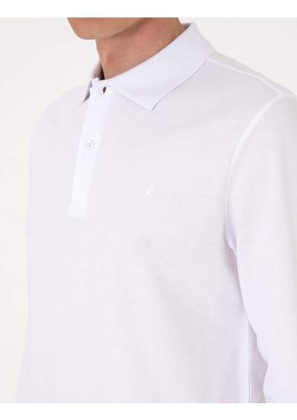 Erkek Beyaz Slim Fit Kıvrılmaz Polo Yaka Basic Pike Sweatshirt 50314048-VR013