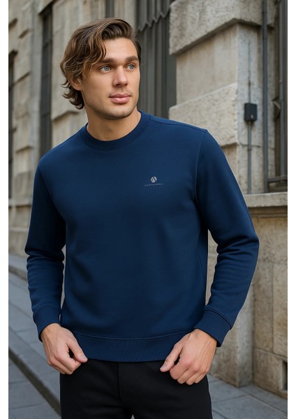 Erkek Desenli Kışlık Salaş Rahat Lacivert Sweatshirt