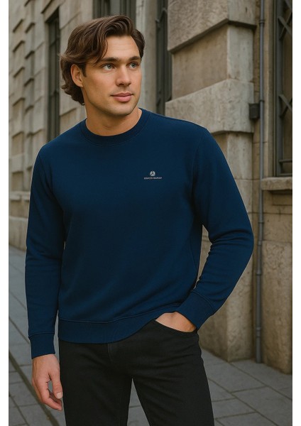 Erkek Desenli Kışlık Salaş Rahat Lacivert Sweatshirt