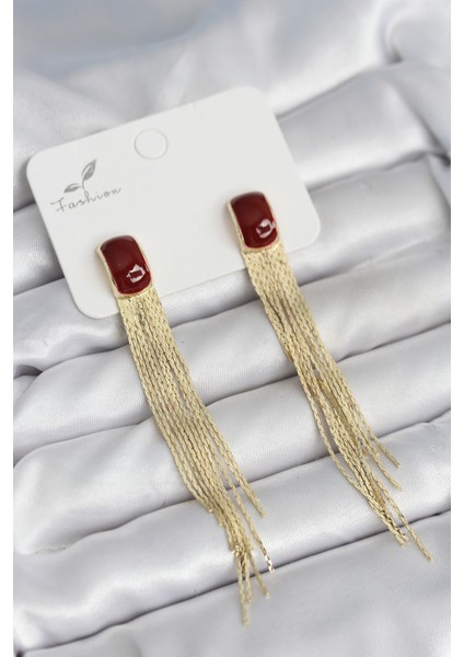 Sallantılı Bordo Mineli Gold Renk Kadın Küpe - Lisinya