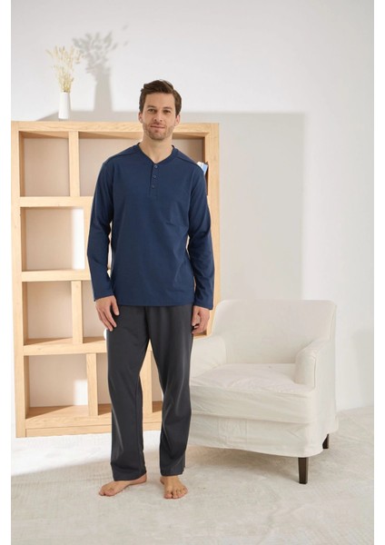 Erkek Regular Fit Düğmeli Yaka Lacivert Pijama Takımı