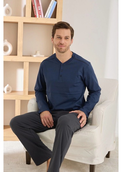 Erkek Regular Fit Düğmeli Yaka Lacivert Pijama Takımı fiyatları