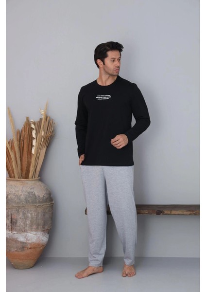 Erkek Bisiklet Yaka Milan Kumaş Siyah Pijama Takımı