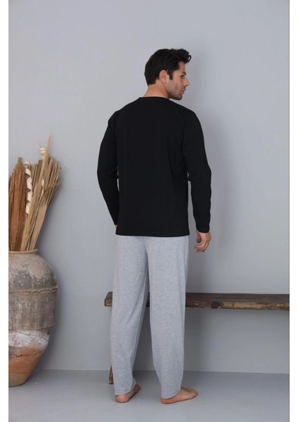 Erkek Bisiklet Yaka Milan Kumaş Siyah Pijama Takımı modelleri