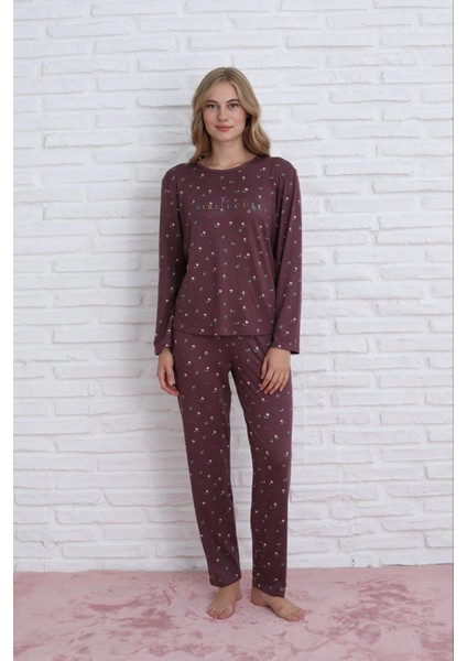 Kadın Milan Kumaş Bisiklet Yaka Mürdüm Pijama Takımı - 7600