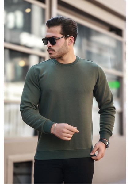 Erkek Bisiklet Yaka Basic Uzun Kollu Dar Haki Sweat