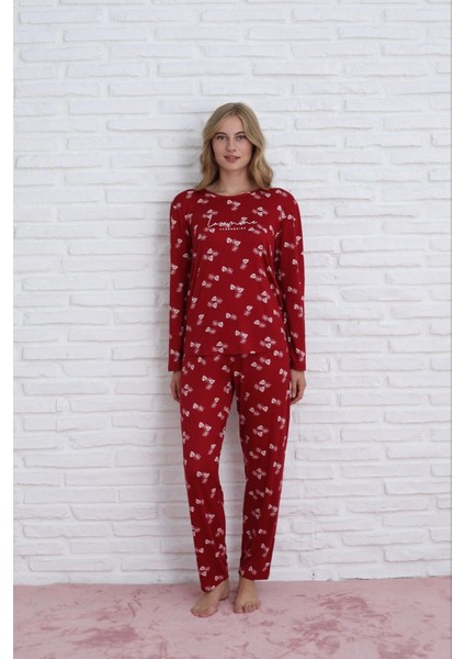 Kadın Milan Kumaş Bisiklet Yaka Yaprak Desenli Bordo Pijama Takımı - 7600 fiyatları