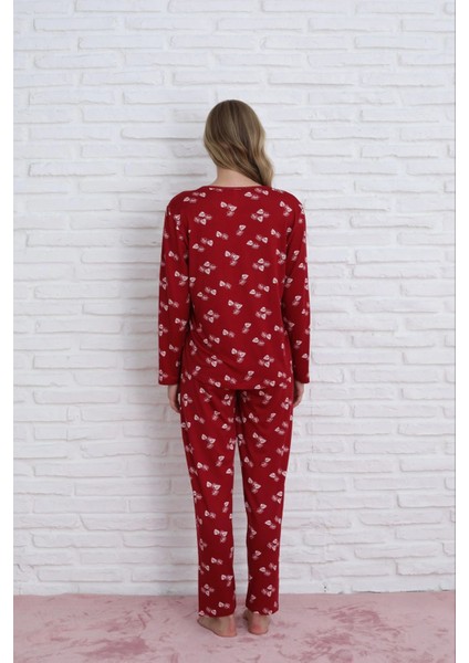 Kadın Milan Kumaş Bisiklet Yaka Yaprak Desenli Bordo Pijama Takımı - 7600 modelleri