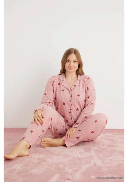 Kadın Büyük Beden Süet Kumaş Önü Düğmeli Şık Pijama Takımı - Gül Kurusu