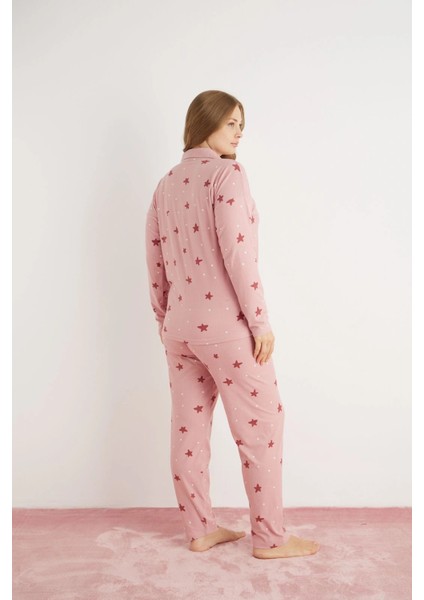 Kadın Büyük Beden Süet Kumaş Önü Düğmeli Şık Pijama Takımı - Gül Kurusu fiyatları