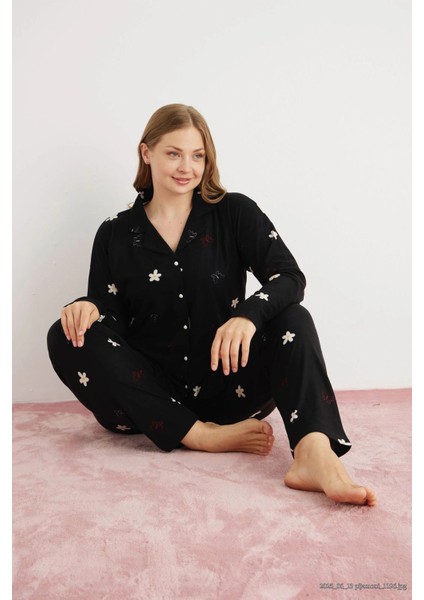 Kadın Büyük Beden Süet Kumaş Önü Düğmeli Şık Pijama Takımı - Siyah fiyatları