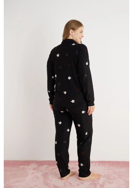 Kadın Büyük Beden Süet Kumaş Önü Düğmeli Şık Pijama Takımı - Siyah modelleri