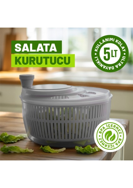 Salata ve Sebze Kurutucu, Pratik Kullanım - 5 Lt Büyük Boy -Gri