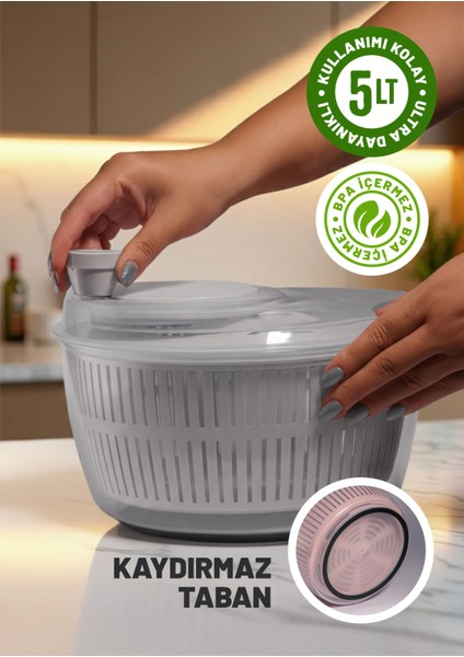 Salata ve Sebze Kurutucu, Pratik Kullanım - 5 Lt Büyük Boy -Gri fiyatları