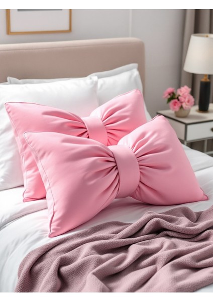 Fiyonk Görünümlü Iç Dolgulu Dekoratif Keten Kumaş Yastık Kurdele Hediye Kırlent Minder Seti (2 Adet)