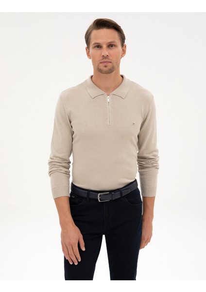 Erkek Kum Melanj Slim Fit Polo Yaka Fermuarlı Basic Triko Kazak 50314191-VR123