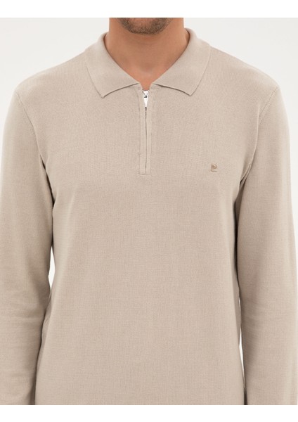 Erkek Kum Melanj Slim Fit Polo Yaka Fermuarlı Basic Triko Kazak 50314191-VR123