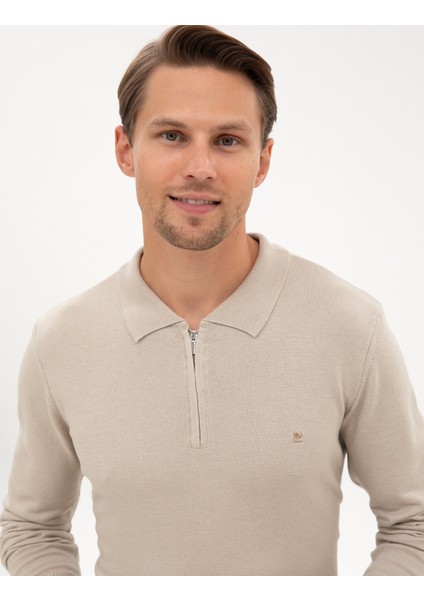 Erkek Kum Melanj Slim Fit Polo Yaka Fermuarlı Basic Triko Kazak 50314191-VR123 fiyatları