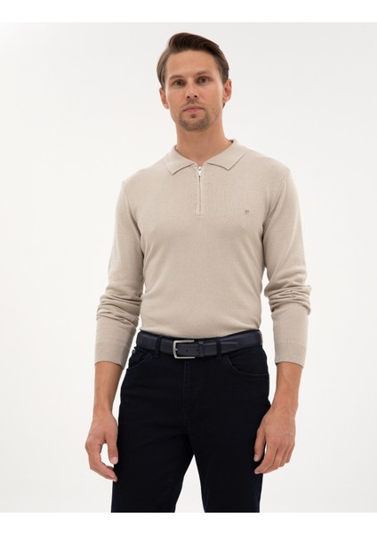 Erkek Kum Melanj Slim Fit Polo Yaka Fermuarlı Basic Triko Kazak 50314191-VR123 modelleri