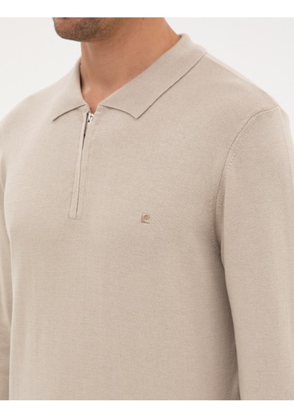Erkek Kum Melanj Slim Fit Polo Yaka Fermuarlı Basic Triko Kazak 50314191-VR123