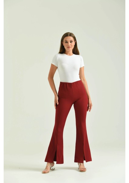Kadın Pantolon Paça Detaylı Toparlayıcı Yüksel Bel Kumaş Pantolon Bordo - T111 modelleri