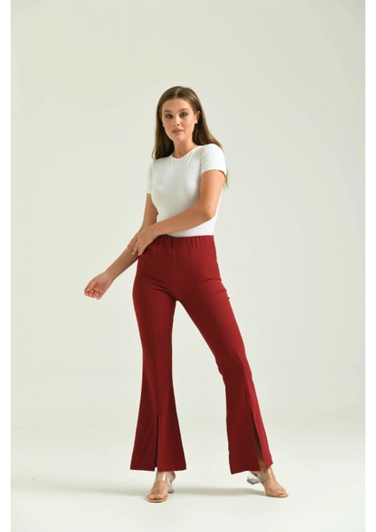 Kadın Pantolon Paça Detaylı Toparlayıcı Yüksel Bel Kumaş Pantolon Bordo - T111 indirimleri