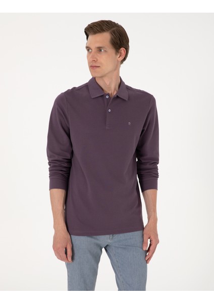 Erkek Mor Slim Fit Kıvrılmaz Polo Yaka Basic Pike Sweatshirt 50314048-VR038
