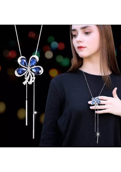 Kore Stil Uzun Zincir Mavi Taş Kolye fiyatları