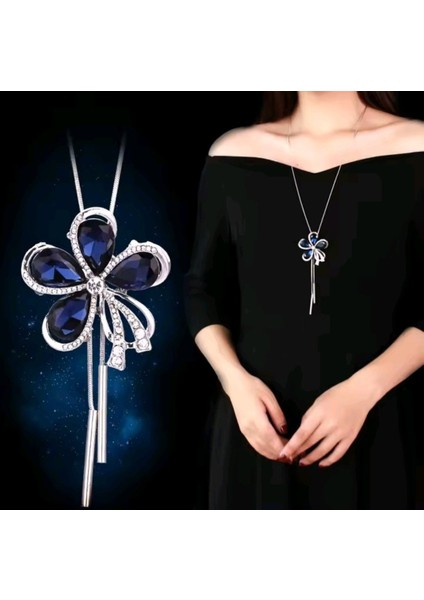 Kore Stil Uzun Zincir Mavi Taş Kolye fırsatları