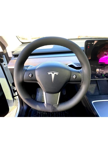 Dikişli Direksiyon Kılıfı Siyah Deri Siyah Dikişli Tesla Için
