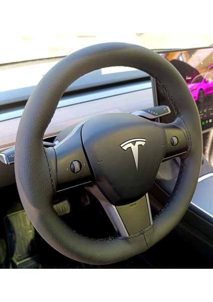 Dikişli Direksiyon Kılıfı Siyah Deri Siyah Dikişli Tesla Için fiyatları