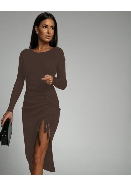 Eyesof Kadın Uzun Kollu Yandan Büzgülü Yırtmaç Detay Kaşkorse Midi Boy Elbise