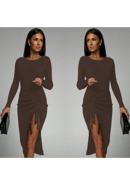 Eyesof Kadın Uzun Kollu Yandan Büzgülü Yırtmaç Detay Kaşkorse Midi Boy Elbise modelleri