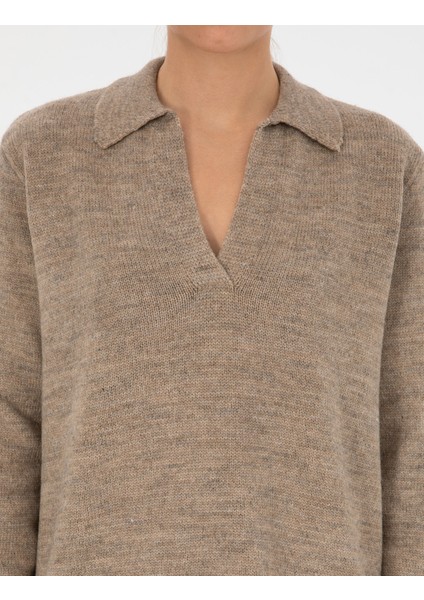 Kadın Bej Comfort Fit Polo Yaka Kazak 50317226-VR011