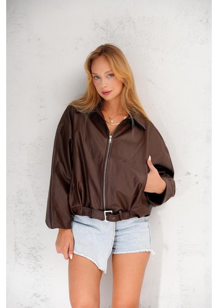 Oversize Bomber Kemerli Fermuarlı Deri Ceket