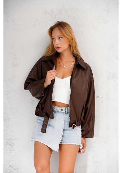 Oversize Bomber Kemerli Fermuarlı Deri Ceket fiyatları