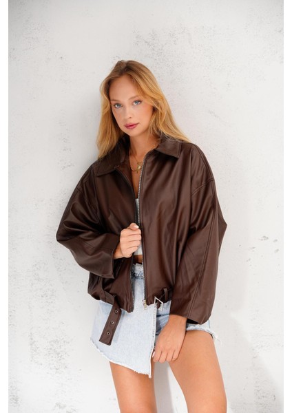 Oversize Bomber Kemerli Fermuarlı Deri Ceket modelleri